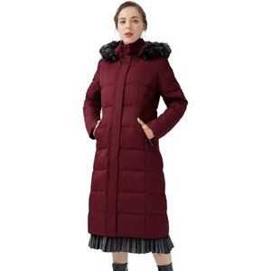 Women's Quilted Down Jacket Winter Long Coat Hooded Stand Collar Parka, Wine Red